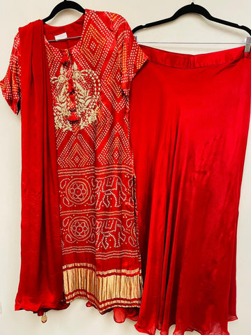 RFSS635 - Pure Modal Satin Bandhej Kurta with heavy embroidery. Comes with Lehenga and Dupatta