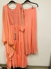 RFSS683 - Party Wear Suit in Pure Chiffon in Peach with Heavy Embroidery on Yoke and Sleeves. Comes with Chiffon Sharaara and Dupatta