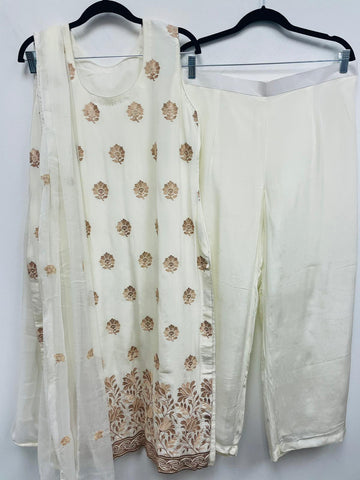 VSS127 - Pure Crepe Sleeveless Suit in White with Embroidery. Comes with Straight Pants and Pure Chiffon Dupatta