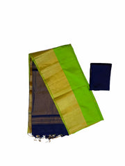 Pure Handloom Soft Silk Kanchivaram Saree in Parrot Green with Leaf motif and Golden Tissue Border and Navy Blue Pallu