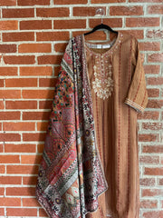 RFSS1135 - Muslin Suit in Brown. Comes with Pants and Digital Print Dupatta