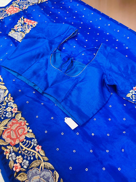 AK007 -Silk organza saree with parsi work embroidery. Comes with stitched blouse size 38, can be altered to size 42