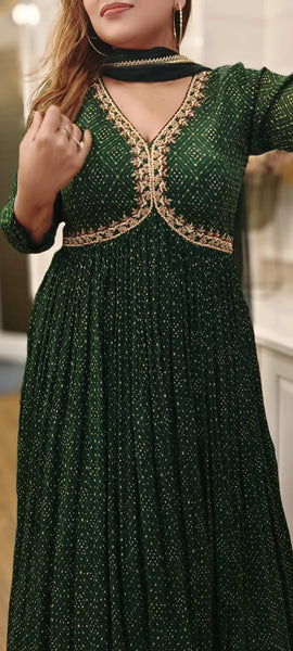 RFSS1513 - Party wear Chinnon Bandhini Printed gown in Aliya cut comes  with hand embroidered on the yoke and with dupatta.