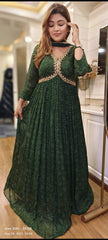 RFSS1513 - Party wear Chinnon Bandhini Printed gown in Aliya cut comes  with hand embroidered on the yoke and with dupatta.