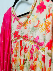 RBD004 - Orange Chinon floral printed alia cut Suit with chinnon pant. Comes with chiffon Dupatta