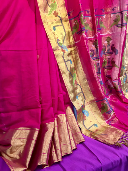 KSS202 - Pure Handloom Mercerized Cotton Saree in pink w/ Paithani Woven Borders and Pallu. Handloom Mark Certified.