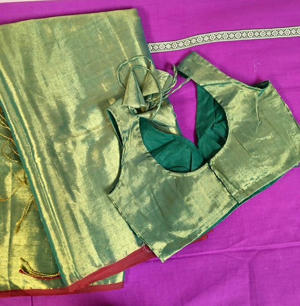 kSS211 - Pure Handloom Tissue  Saree in Green with gold zari Handloom Mark Certified.