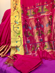 KSS202 - Pure Handloom Mercerized Cotton Saree in pink w/ Paithani Woven Borders and Pallu. Handloom Mark Certified.