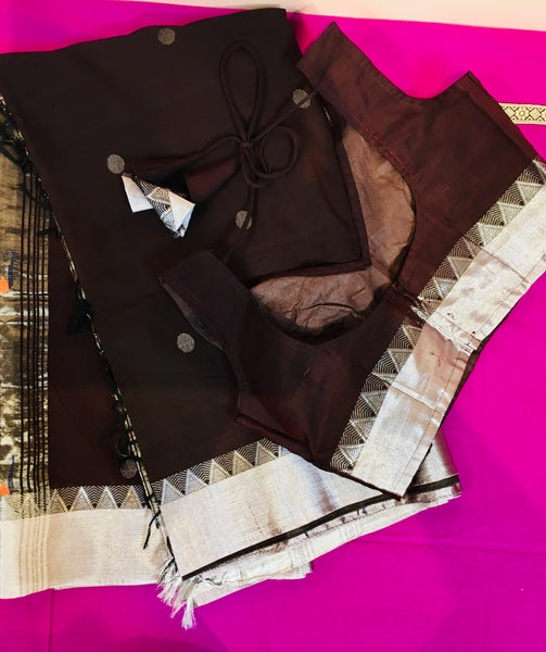 KSS205 - Pure Handloom Mercerized  Cotton Saree in Brown with silver borders with Paithani  Pallu. Handloom Mark Certified.