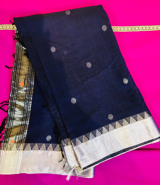 KSS206 - Pure Handloom mercerized Cotton Saree in blue with silver borders with Paithani  Pallu. Handloom Mark Certified.