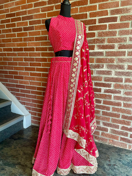AFL1001 - Pure Chiffon Bandhini Lehenga in Red with stitched blouse and heavy Dupatta