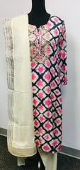 RFSS1144 - Muslin Silk Suit with Gray and Pink Shibori Print. Comes with Off-white muslin straight pants and chiffon Dupatta