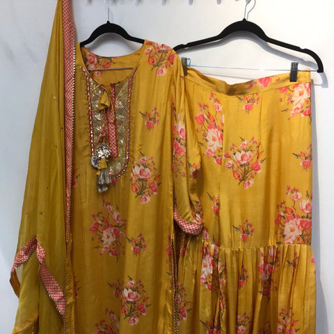 RFSS1219 - Muslin Silk Kurta in Yellow with Floral Print. Comes with Pants and Dupatta