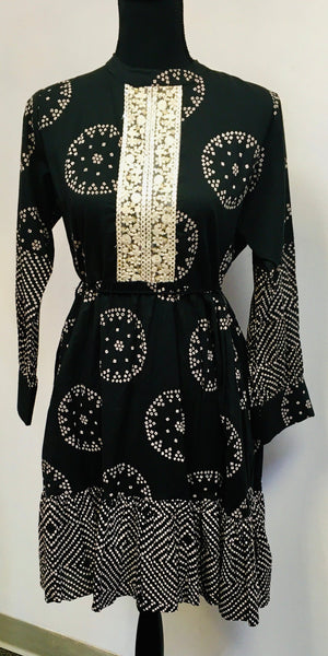 RFSS1004 - Black Bandhini Cotton Frock with White Lace Yoke