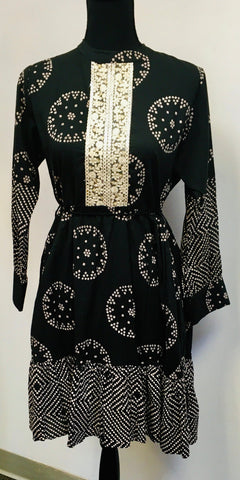RFSS1004 - Black Bandhini Cotton Frock with White Lace Yoke
