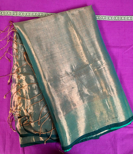 kSS210 - Pure Handloom Tissue  Saree in Green with copper zari Handloom Mark Certified.