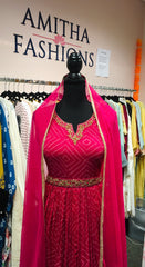 RFSS1229 - Georgette Bandhini Peplum Kurta in Dark Pink. Comes with Georgette Sharara and Dupatta and a hand embroidered belt