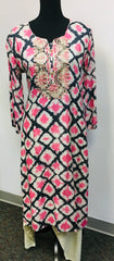RFSS1144 - Muslin Silk Suit with Gray and Pink Shibori Print. Comes with Off-white muslin straight pants and chiffon Dupatta