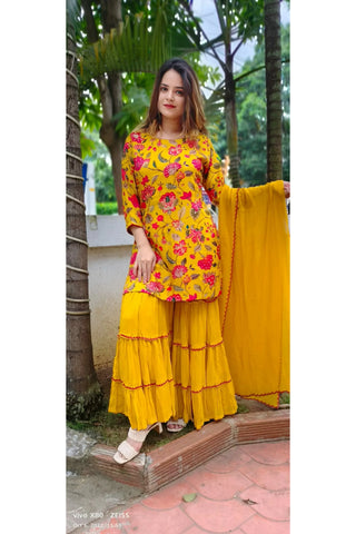 RFSS1224 - Muslin Printed Floral Kurta in Yellow. Comes with Georgette Sharara and Dupatta