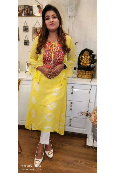 RFSS1421 - Chiffon kaftan in Yellow with heavy embroidery on Yoke