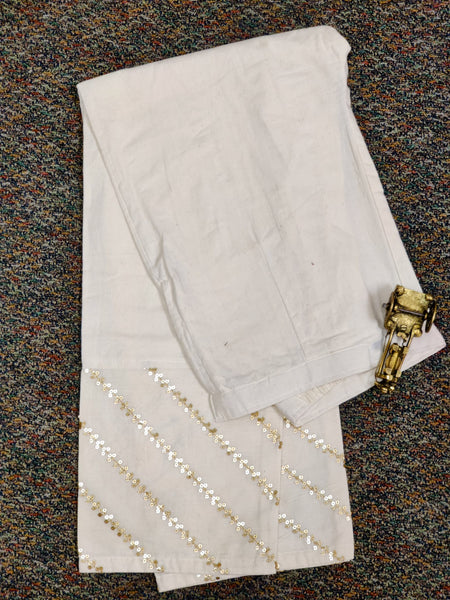 RFSS225 - Cream Cotton Pants with Golden Sequin work at bottom
