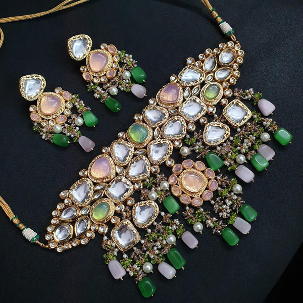 JP533 - Heavy Bridal Kundan choker set with Green and pink stones. comes with Matching earrings.