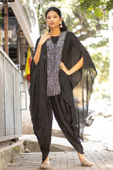 RFSS1342 - Pure Chiffon Kaftan In Black With Heavy Handwork Embroidery On The Front Panel. Comes With Chiffon Dhoti Pants