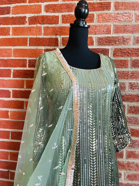 AMI101 - Party Wear Sharara Set in Sage Green (Ombre) with Heavy Embroidery work. Comes with Dupatta