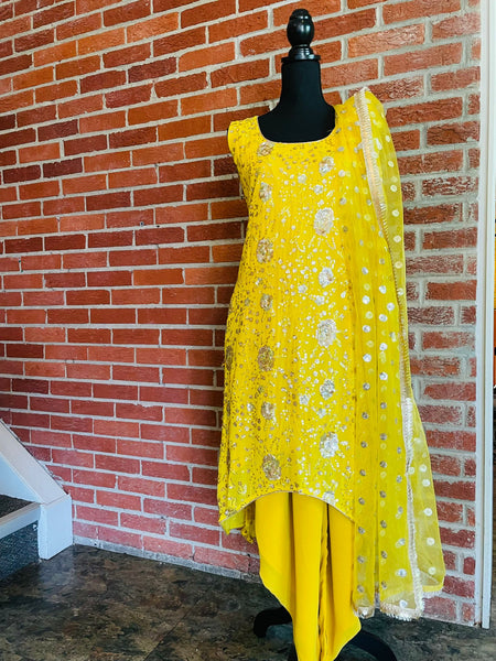 AMI106 - Party Wear Suit with High-Low design in Yellow with Heavy Sequin work. Comes with Dhoti Pants and Dupatta