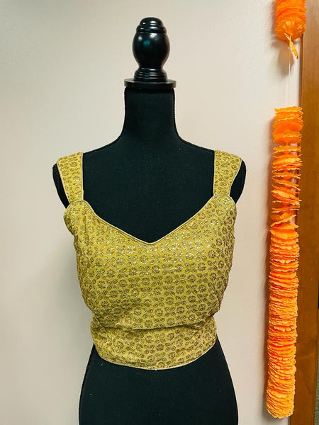 AMI154-Desginer Gold Sequin Work Sleeveless Blouse. Can be altered up to size 42