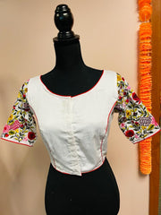 DKF124-Cotton Blouse with heavy Floral Embroidery on sleeves and back. Can be altered upto size 42