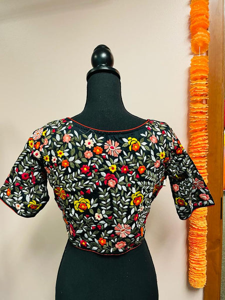 DKF126-Cotton Blouse with heavy Floral Embroidery on sleeves and back. Can be altered upto size 42