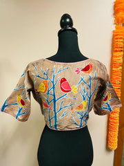DKF146-Cotton Silk Hand Painted Batik Blouse in Light Brown with Sparrow painting. Can be altered up to size 42