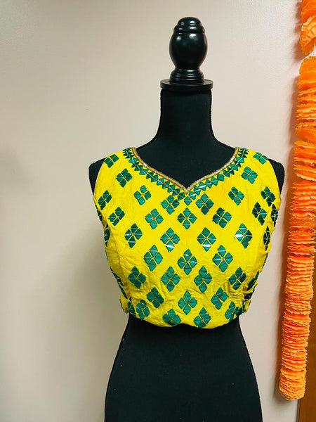 DKF150-Designer Blouse in Yellow with Green Real Mirror work. Can be altered up to 42