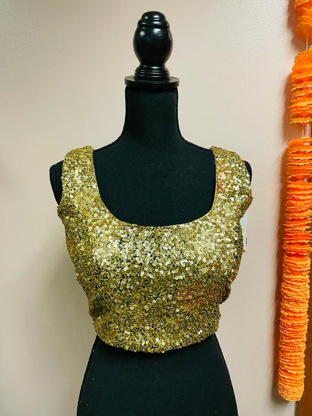 DKF151-Designer Blouse in Gold with Heavy Sequin work. Can be altered up to 42