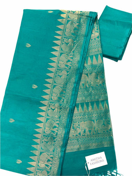 HPSC318 - Teal Pure Handloom Silk Cotton Saree with Annam Motifs. Annam and Elephant Zari Motifs Border and Pallu