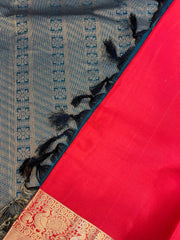 HPSS16 - Pure Silk Kanchivaram Saree in Red with Annam motif on the Border and contrast Peacock Blue Pallu