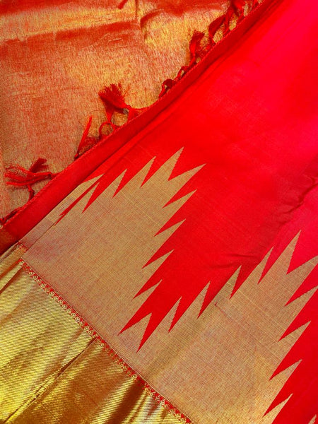 HPSS28 - Pure Handloom Silk Kanchivaram Desginer Saree in Red with Temple Border and full Zari Pallu