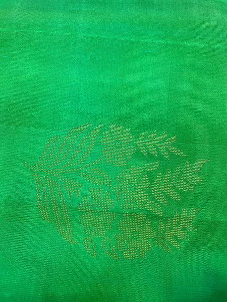 HPSS4 - Pure Handloom Soft Silk Kanchivaram Borderless Saree  in Double shaded Green with flower motifs and Zari Pallu
