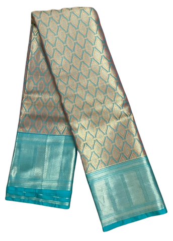 HPSS601 - Banarasi Soft Silk Saree in Gold with Blue Border. Comes with stitched blouse