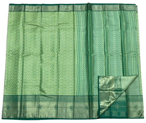 HPSS602 - Banarasi Soft Silk Saree in Lime Green with Bottle Green Border. Comes with stitched blouse (size 38, can go up to size 42). Fall Peco Done.