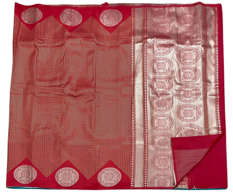 HPSS603 - Banarasi Soft Silk Saree in Red with Gold and Silver Butti all over the saree and coin butti on Border. Comes with stitched blouse (size 38, can go up to size 42). Fall Peco Done.