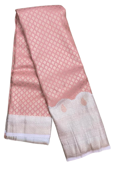 HPSS607 - Banarasi Soft Silk Saree in Light Pink with Zari Butti all over saree and Silver Border. Comes with stitched blouse (size 38, can go up to size 42). Fall Peco Done.