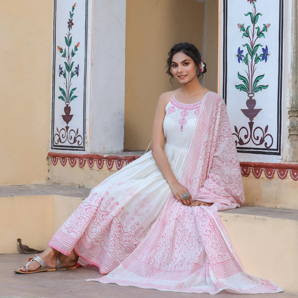 RFSS1132 - Pure Mul Soft Cotton Suit with Noodle Straps in Nyra Cut Pattern. Comes with straight Pants with Gota work and Pure Mul cotton Dupatta