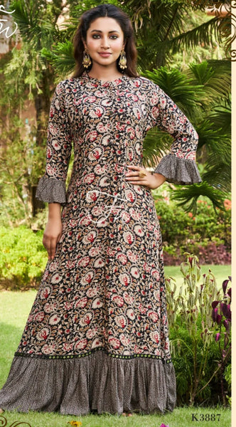 RFSS1334 - Muslin Kalamkari Print Double Layered Gown
