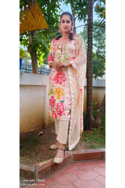 RFSS1330 - Pure Muslin Silk Floral Suit. Comes With Straight Pants And Dupatta