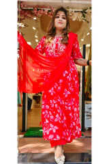 RFSS1333 - Pure Chiffon Nyra Cut Floral Print Kurta In Red. Comes With Sharara And Dupatta