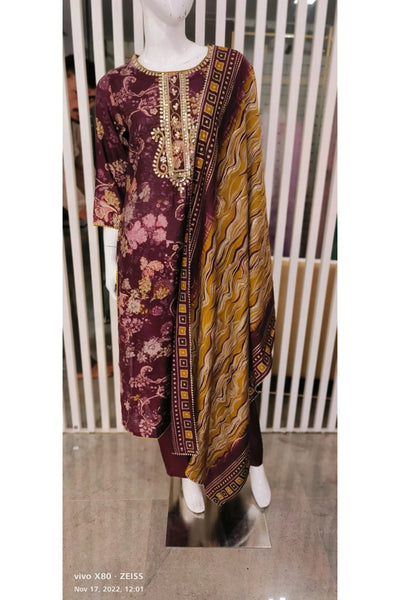 RFSS1321 - Pure Muslin Floral Print Kurta With Gota Embroidery. Cones With Straight Pants And Dupatta
