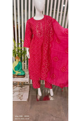 RFSS1314 - Cotton Bandini Kurta With Foil Mirror Work In Rani Pink. Comes With Straight Pants And Dupatta.