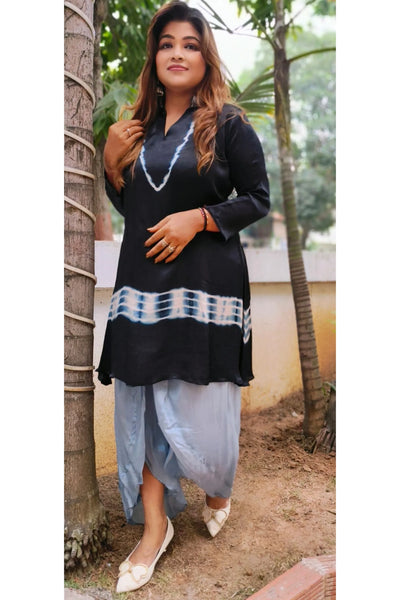 RFSS1320 - Pure Chinnon Silk Shibori Kurta With Embroidery On The Neck. Comes With Stylish Dhoti Pants.